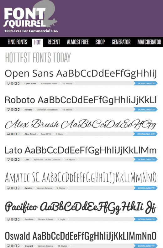 A few of the many fonts offered by Font Squirrel.