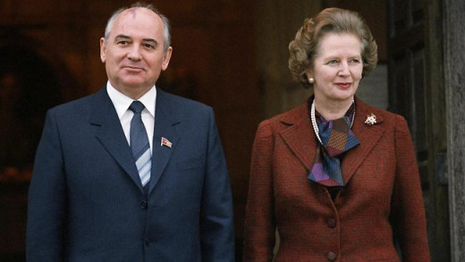 To the left: The leader of  communist party of  U.S.S.R The Mikhail Gorbachev and to the right: The Iron Lady,who played pivotal role in ending cold war.