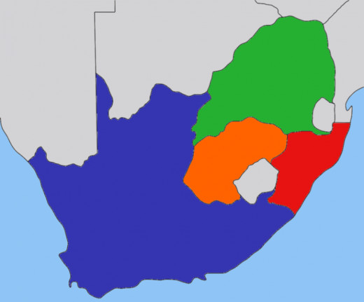 Republics in South Africa at the beginning of the 19th century: Suid-Afrikaanse Republic [Transvaal] (green), Orange Free State (orange), the Cape Colony (blue), Natalia (red). Picture by JasonAQuest @ Wikipedia
