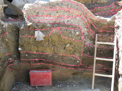 A section photo demonstrating the stratigraphy of this site in Augsburg, Germany.  They have very nicely highlighted the differing layers - the top ones will be the youngest, getting older as your travel down.