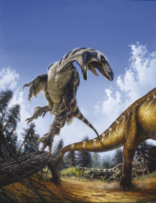 A boldly-colored Deinonychus as depicted by Michael Skrepnick, c. 2001.