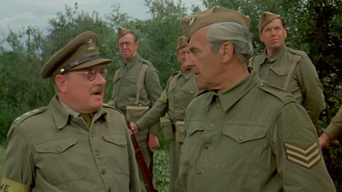 Lowe (left) and Le Mesurier (right) exchange words in "Dad's Army"