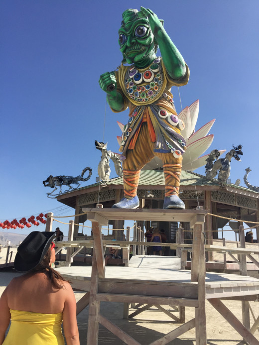 My tribe mate Dana taking in the the art of The Mazu Goddess of the Empty Sea Temple. 