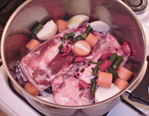 Beef bones and vegetables for making stock