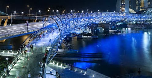 Helix bridge Connecting Marina Bay Sands hotel and the floating platform across Singapore River 
