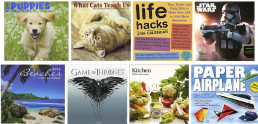 2018 Wall & Desk Calendars include Puppies, What Cats Teach Us, Life Hacks, Star Wars, Beaches,Game of Thrones, Kitchen, and Paper Airplanes