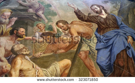 LJUBLJANA, SLOVENIA - JUNE 30: Jesus Miracles - Raising Lazarus, fresco in the St Nicholas Cathedral in the capital city of Ljubljana, Slovenia