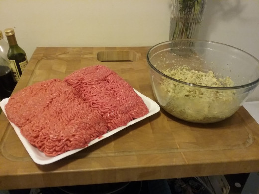 Now, go get your 4-5 pounds of ground beef. And make sure it's not ground sirloin! You really need some fat when you're making meatballs, otherwise they will be too dry. Ground Chuck is best, but no leaner than Ground Round.