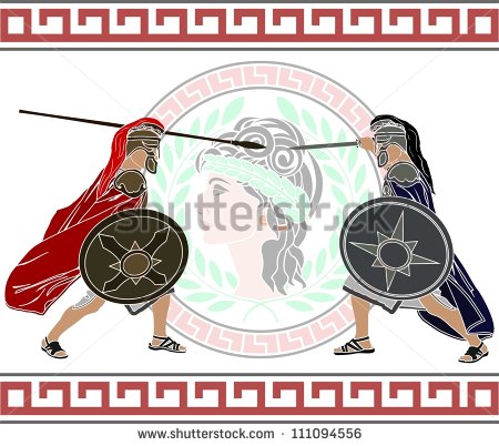 Two men of different armies, Trojan and Achean, poised for battle