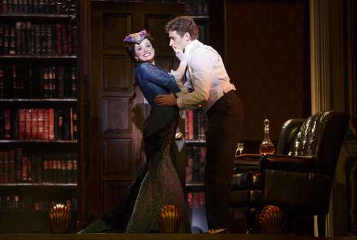 Adrienne Eller as Phoebe D’Ysquith and Kevin Massey as Monty Navarro in a scene from “A Gentleman’s Guide to Love & Murder.”