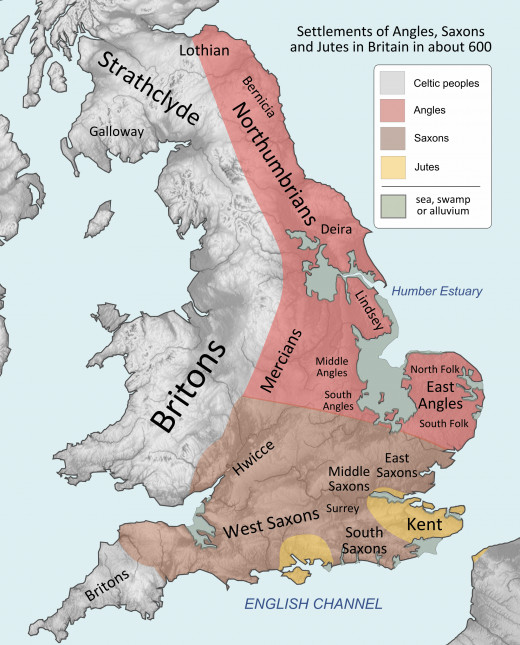 The kingdoms roughly AD 600 - look at the eastern coastline (below) compared with today's outline (faint line). Looks like the Saxons got the prime growing and pasture lands, aside from the Somerset Levels near Glastonbury