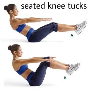 Similarly you can perform knee tucks from the same seated position.  Keeping your back strong and stable straighten your legs keeping them parallel to the floor and using a controlled motion bring your knees to your chest, slowly return to star