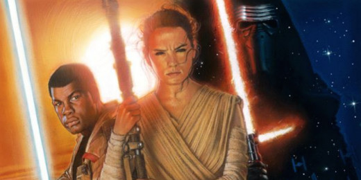 Rey holding her staff with Finn and Kylo Ren