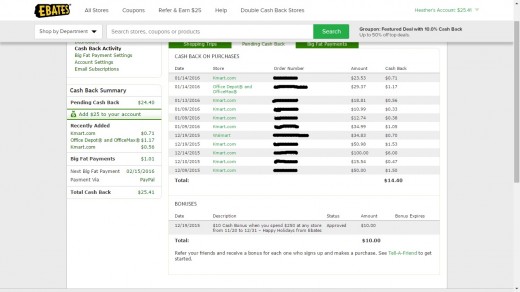 Screenshot of my actual Ebates account.