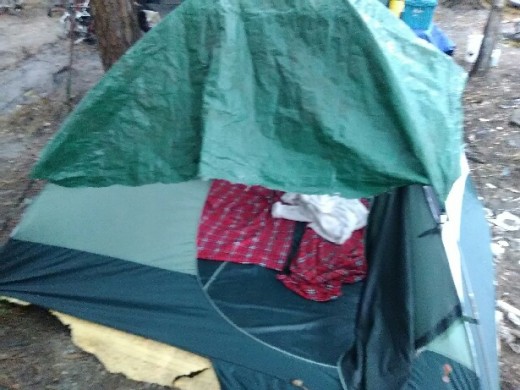 A tent belonging to a homeless person. 