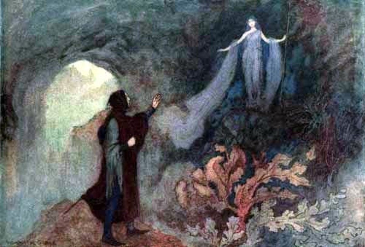 "A fada que aparece ao príncipe na gruta", ilustração de Warwick Goble para Cenerentola