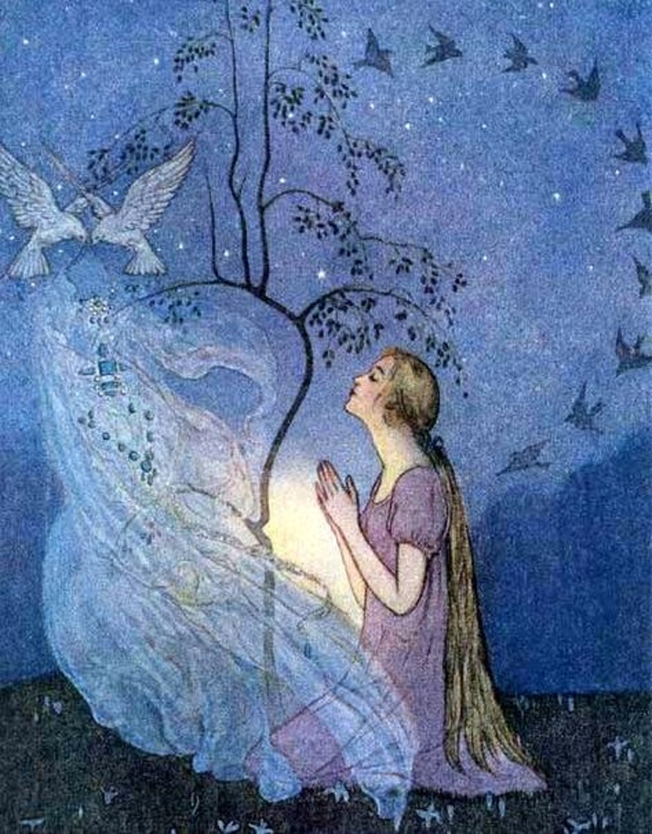 Cinderela rezando para o espírito de sua mãe dentro da árvore. Ilustração de Elenore Abbott