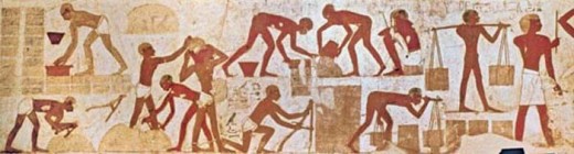 Slaves making mud bricks. Tomb of Rekhimire the Vizier of Thutmose 3rd and Mayor of Thebes (circa 1,500 BC) note the guy on the lower right, the overseer with a big stick to hit slackers with! The slaves were the 'Apiru' or lowlifes