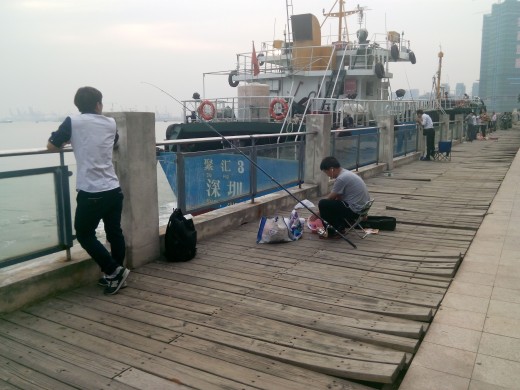 Friday afternoon fishing at Shekou Docks, Shenzhen, China
