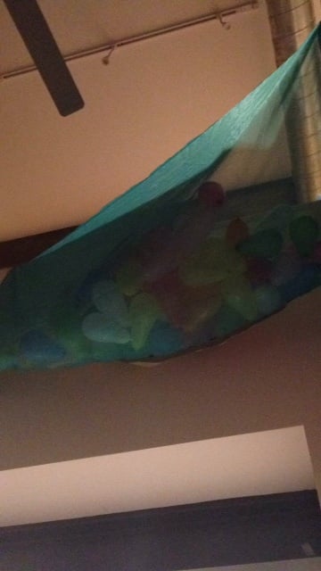 Our balloon net hovering over our living room couch.