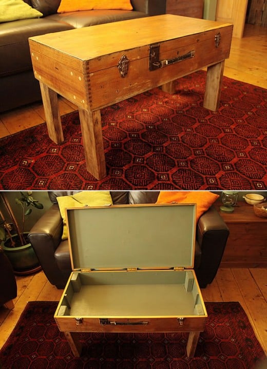 Coffee table made with large wooden suitcase