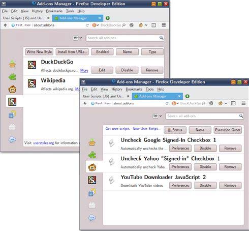 Figure 1: The Greasemonkey and Stylish add-ons for Firefox make it easy to manage and apply user scripts and styles