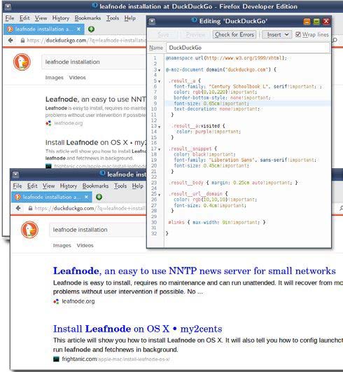 Figure 4: These screenshots show the ‘before’ and ‘after’ appearances of a DuckDuckGo search engine results page. The actual stylesheet code is not so important as the scope and possibilities that these screenshots illustrate