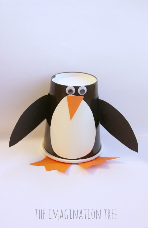The paper cup penguin is made with construction paper, a black paper cup, and some googly eyes, but it's not just a kid's craft, it's a game!.
