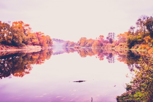 Photo of a lake surrounded by a forest in Autumn.