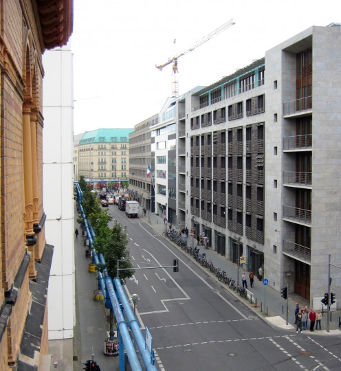 Wilhelmstrasse in Berlin, Germany. View towards Unter den Linden with Hotel Adlon.