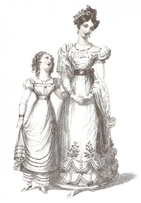 Young girl and ladies' fashion in early 1800.