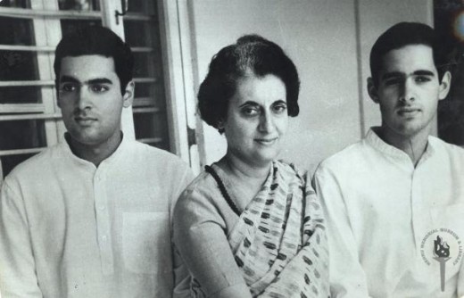 Indira Gandhi with sons Rajiv (left) and Sanjay (right)