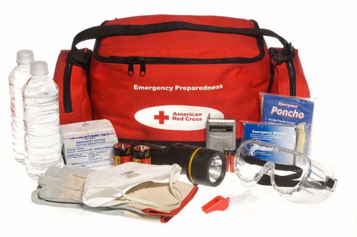 A Red Cross "ready to go" preparedness kit showing the bag and its contents.