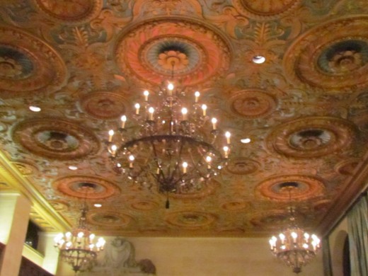 In the lobby and ballroom of Hotel DuPont are beautifully displayed crystal chandeliers. 