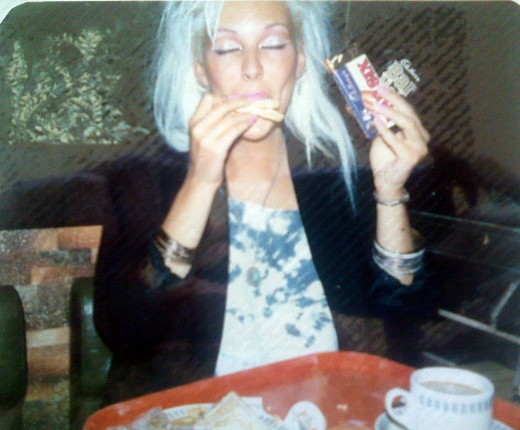 Me in my youth, eating chips and several chocolate bars at a motorway service station at about 2am, on the way home from seeing a band in another town.
