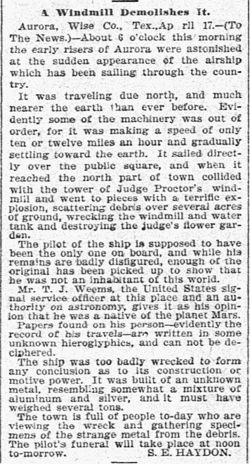 A newspaper article in the The Dallas Morning News, April 19, 1897 written by S. E. Haydon.