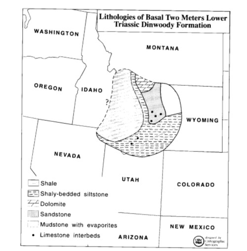 Figure 4- This map shows the basal lithologies across the Dinwoody Formation, This further enforces the fact that there is great variability in the Dinwoody. Also it give good insight to where the inner, middle, and outer marine shelves (Paull 1994).