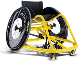 This is a sports wheelchair that would be used to play wheelchair rugby. Note its protective cage for the legs.