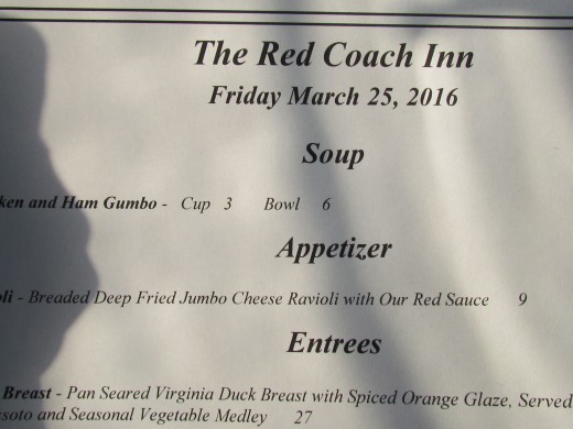 A portion of the menu at Red Coach Inn. Dinner for two with drinks was less than one hundred dollars.