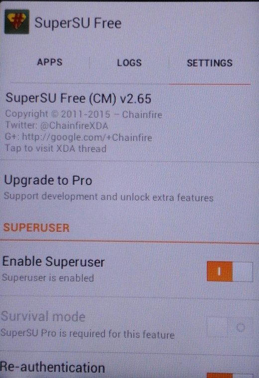 SuperSU settings menu