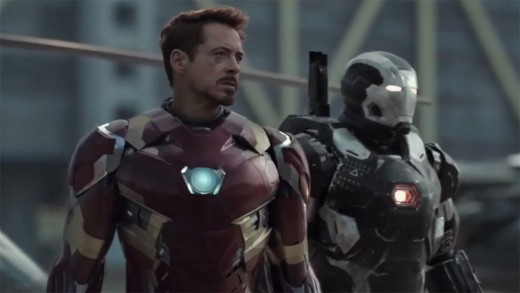 Iron Man (played by Robert Downey Jr.) flanked by War Machine