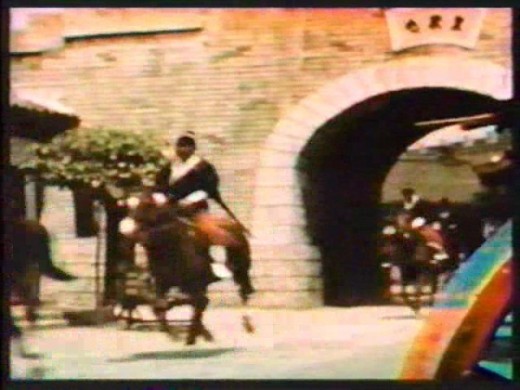 An edited 3D image as shown on Television. The horse and rider on the left are not shown in 3D while the wheel and part of the gate on the right are in full 3D.