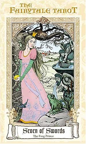 The Seven of Swords Tarot Card, from The Fairytale Tarot by Karen Mahony, Alex Ukolov, Irena Triskova, is based on the fairy tale of The Frog Prince
