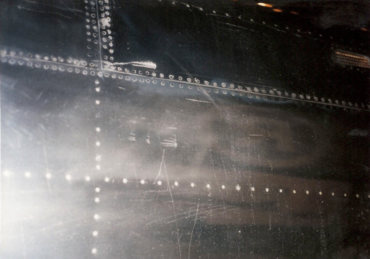Section of the Enola Gay at the National Air & Space Museum, 1995.  Notice the scratches from years of being left in the open.