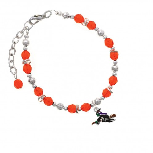 This orange beaded bracelet includes a black flying witch on a broomstick, which makes it a good addition to a black and orange-colored witch costume