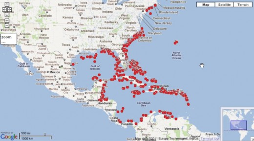 Invasion of lionfish along US coastline and Carribean, represented with the red markers