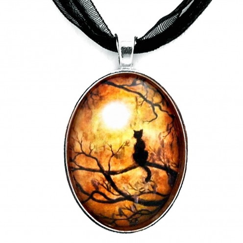Black Cat Moon Necklace Boho Jewelry Tree Handmade Pendant