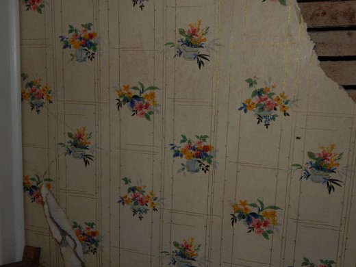 Wallpaper that was found behind the closet wall. The closet back wall had to be removed in order to determine the cause of the bowing of the house's outside wall. Wallpaper that was found behind the closet wall. The closet back wall had to be removed in order to determine the cause of the bowing of the house's outside wall.
