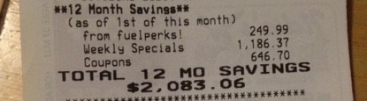 This receipt shows my 12-months savings, from a combination of using coupons, paying attention to sales, and fuel discounts, but it also shows that over $1000 was simply from paying attention to sales!