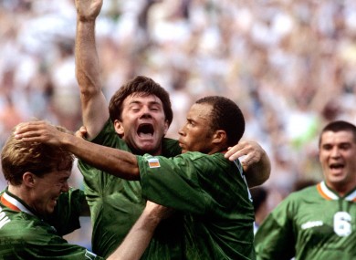 Ray Houghton celebrating his famous goal vs. Italy, till now the most famous moment in Irish football history